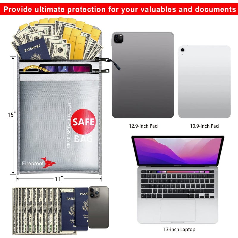 COLCASE Fireproof Document Bag Upgraded 2 Pockets (2000 â„‰)15 x 11 Inches Silicone Coated Fireproof and Waterproof Bag Fireproof Safe Bag Storage for Money, Documents, Jewelry and Passport Silver - Image 3